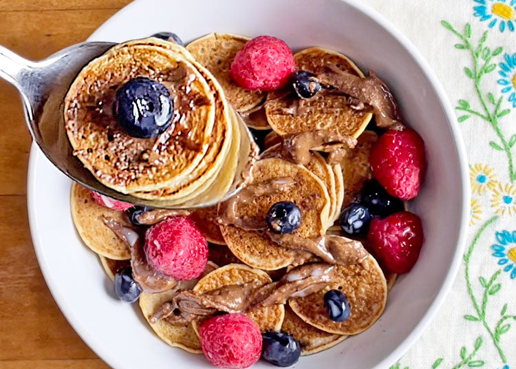 Mini Pancake Cereal with Much Better Butter